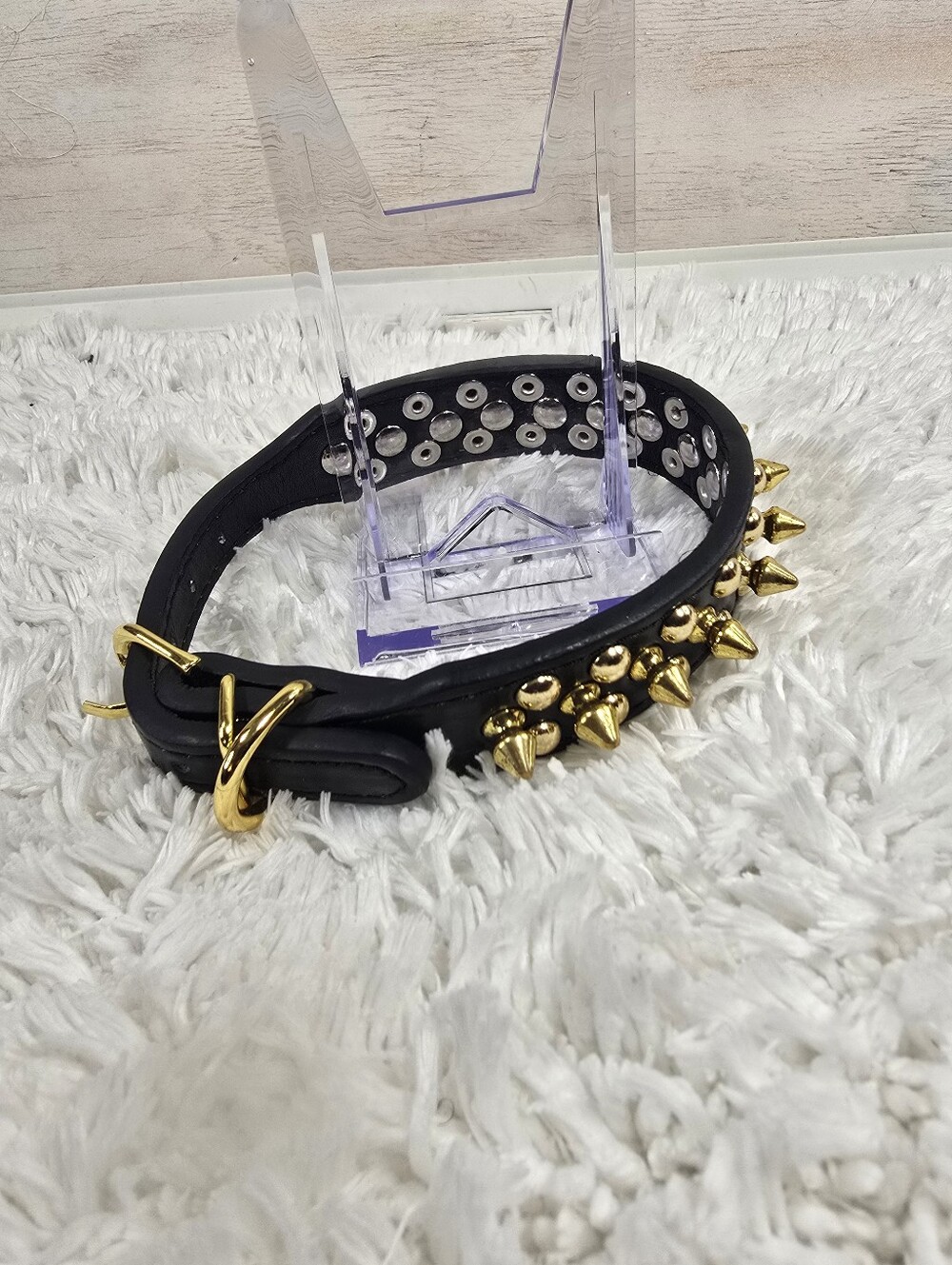 Gold Spike Studded Black Leather dog collar